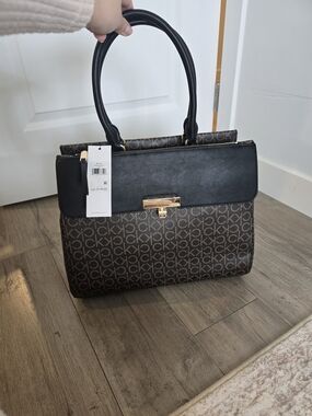 Calvin Klein Monogram Top-Handle Satchel in Black and Brown